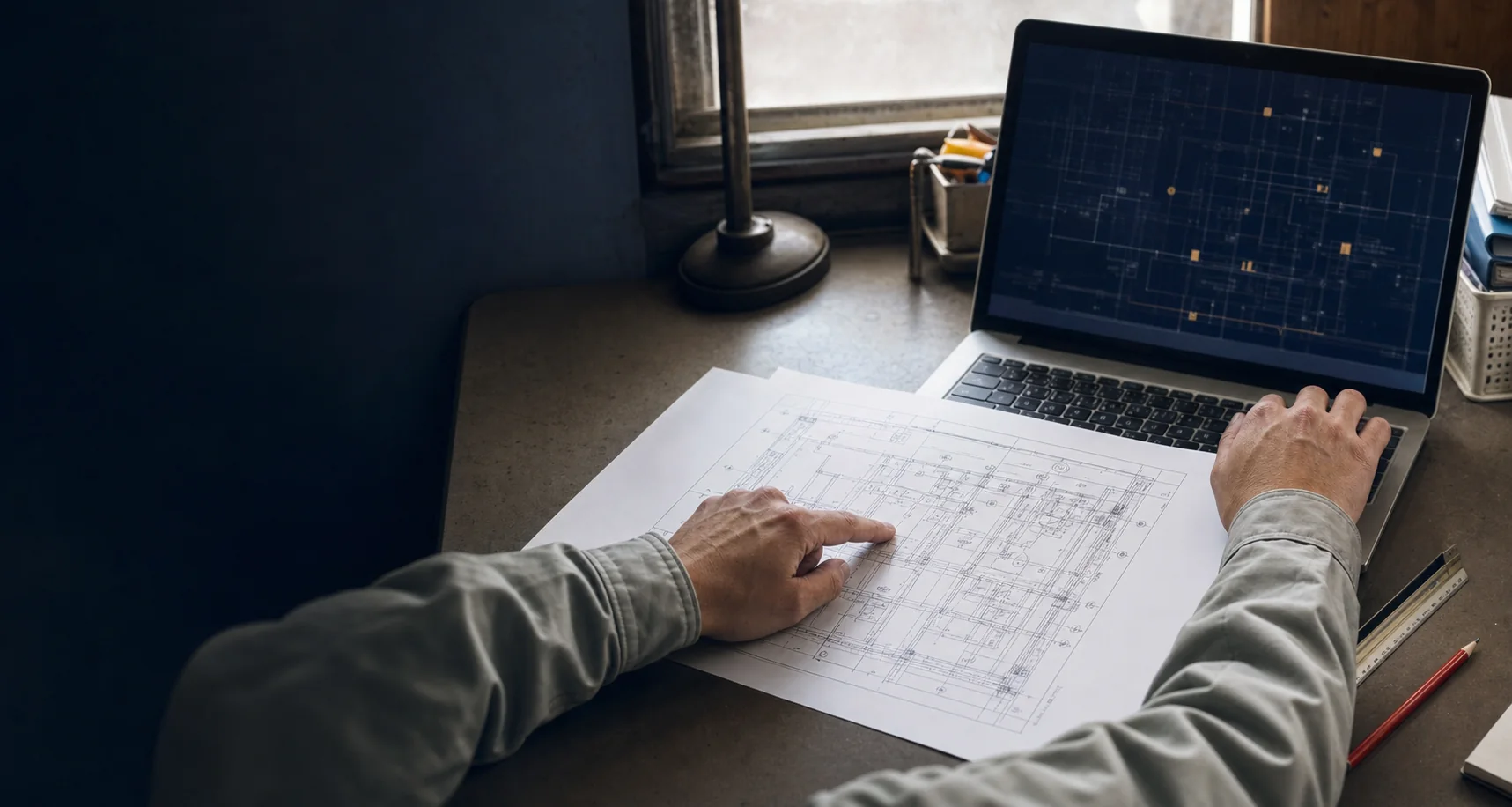 担当者が紙の設備図面と画面上の該当箇所を突き合わせて確認している場面