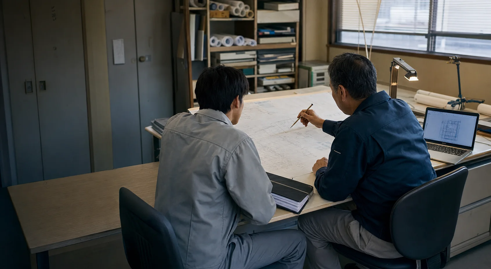 経験の異なる二人の担当者が、設備図面を囲んで判断内容を共有している場面